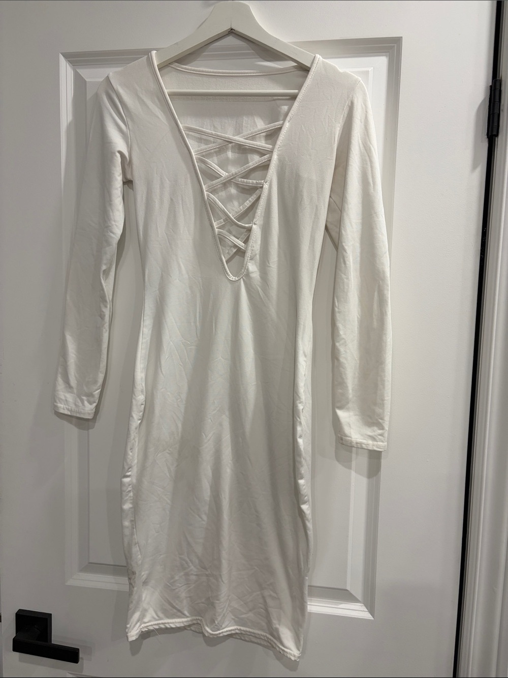 White Crisscross V-Neck Long Sleeve Dress